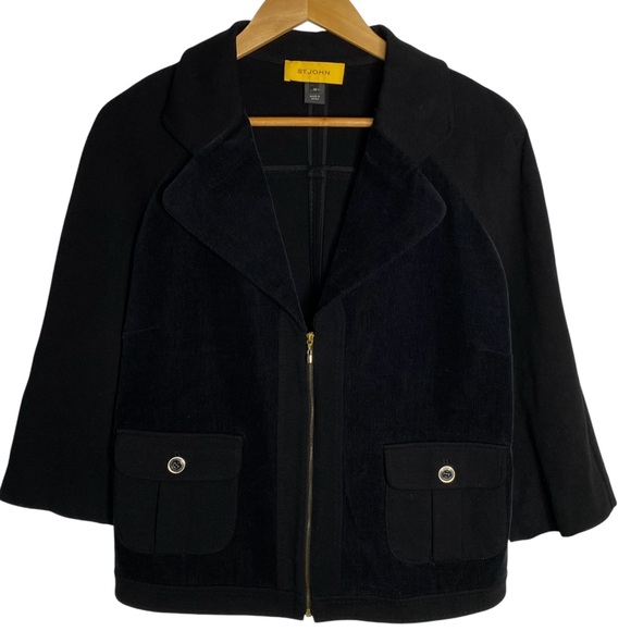 Jacket Leather By St John Knits In Black & Gold, Size:2